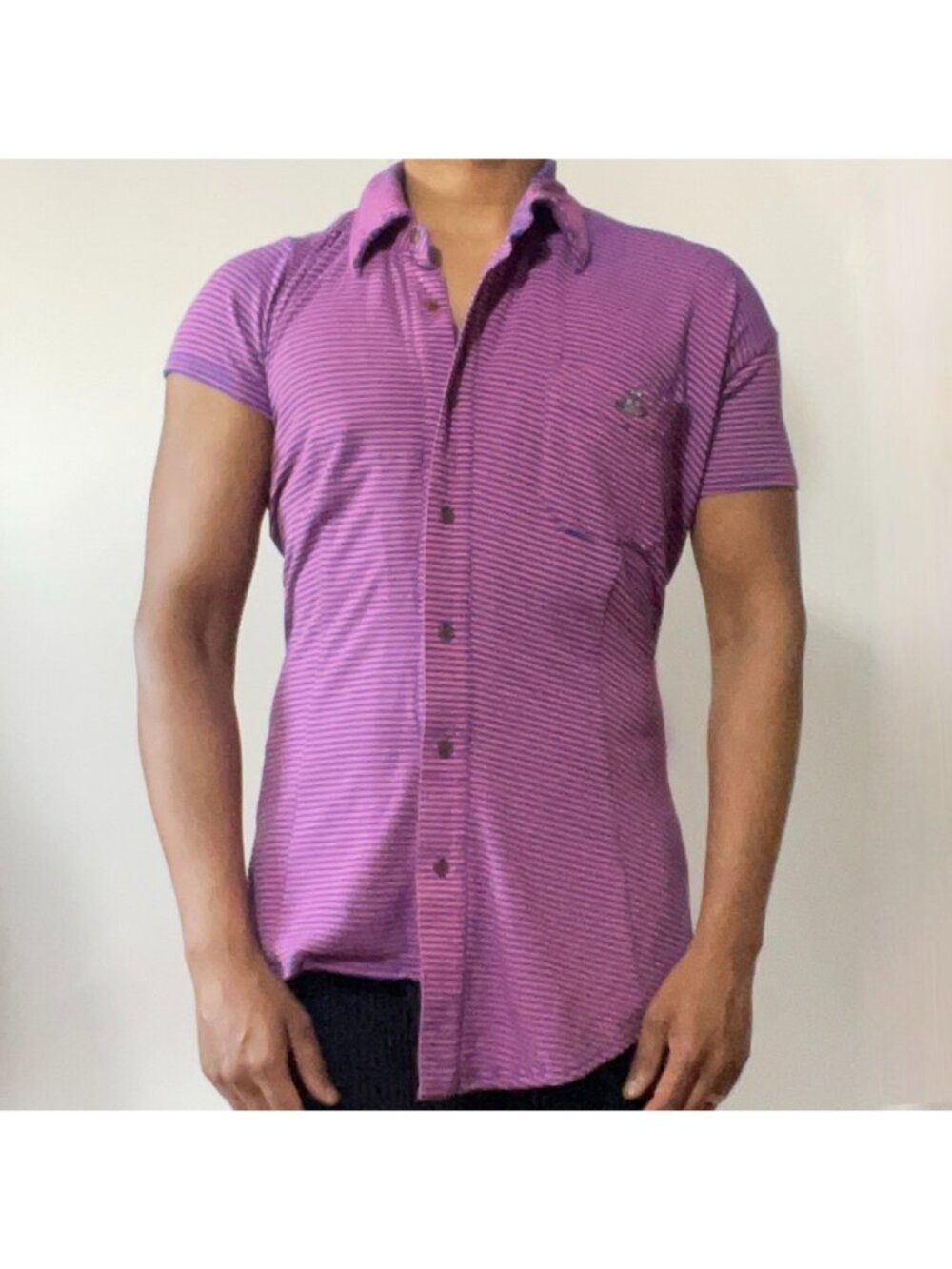 Vivienne Westwood MAN shirt 44 / M-L Asymmetric Orb Striped Blue pink Draped